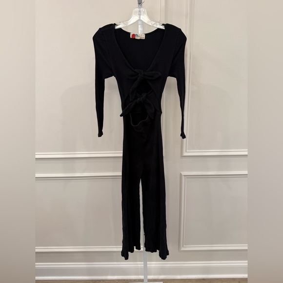 Free People Black Ribbed Tie-Front Jumpsuit - Picture 2 of 6
